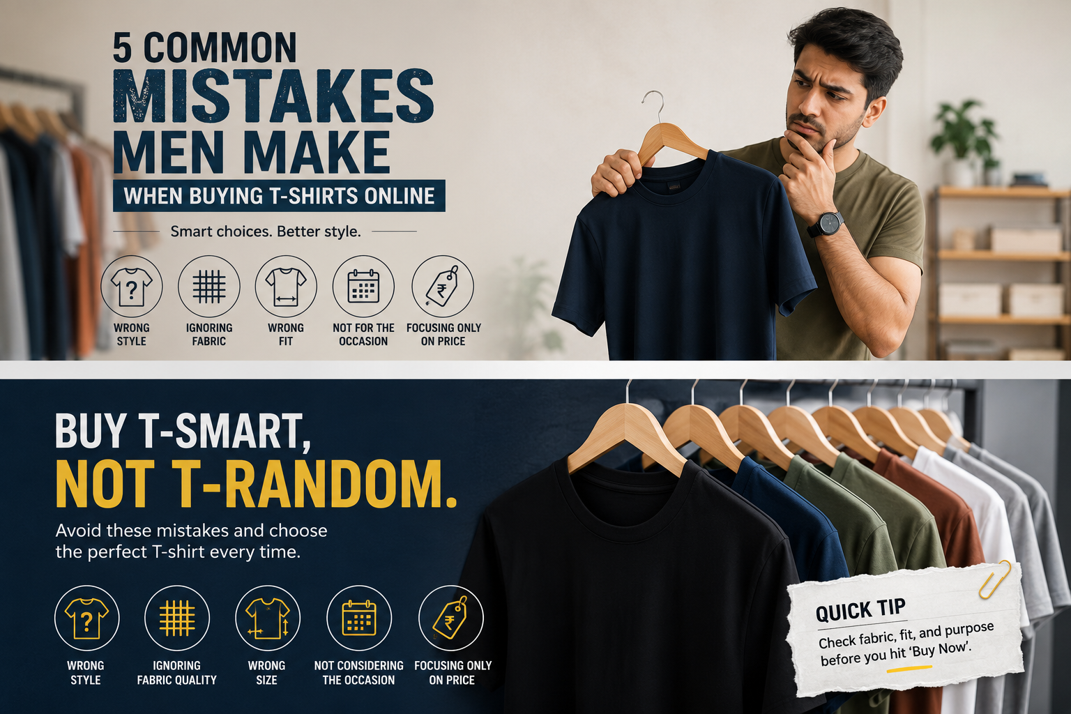 Man comparing T-shirts while learning common mistakes to avoid when buying men's T-shirts online