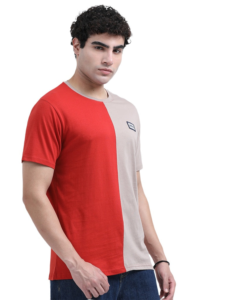 Buy men’s cotton double color round neck tees - Pink & Red 