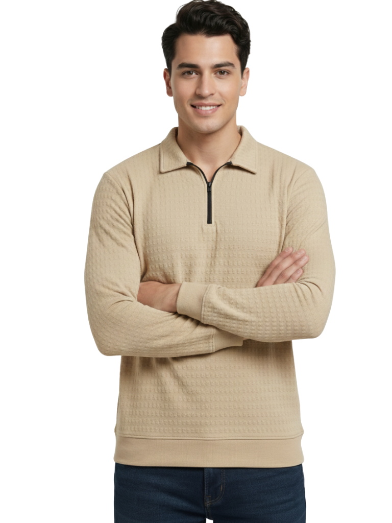 Shop Men Zip Neck Polo T Shirts Front View - Beige