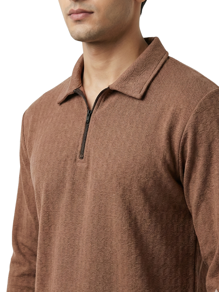 Shop Men Zip Neck Polo T Shirts Front View - Brown