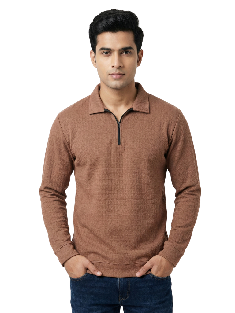 Shop Men Zip Neck Polo T Shirts Front View - Brown