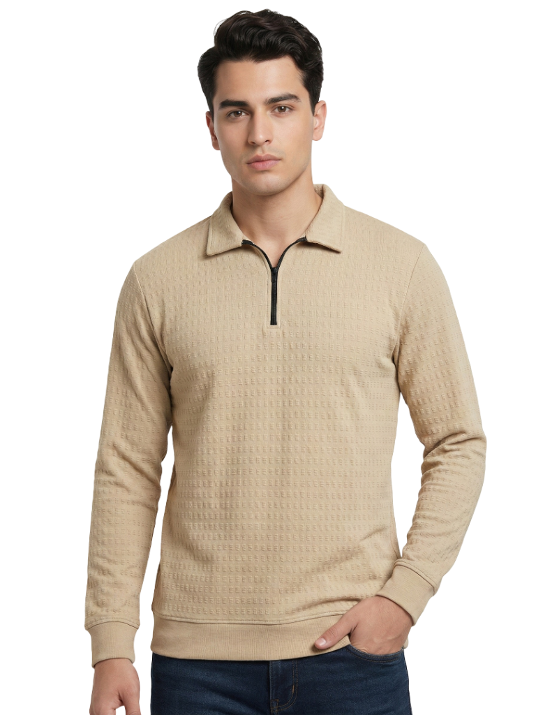 Shop Men Zip Neck Polo T Shirts Front View - Beige