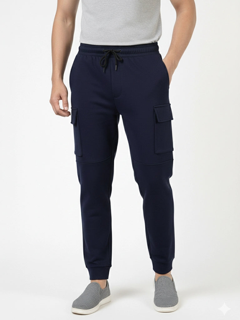 Men's  Navy Color Premium Combed Cotton Cargo Track Pants with Side Pockets - Navy