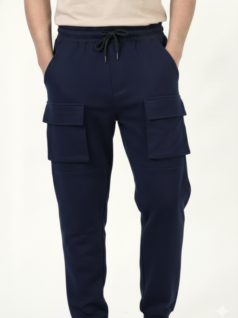 Men's  Navy Color Premium Combed Cotton Cargo Track Pants with Side Pockets - Navy