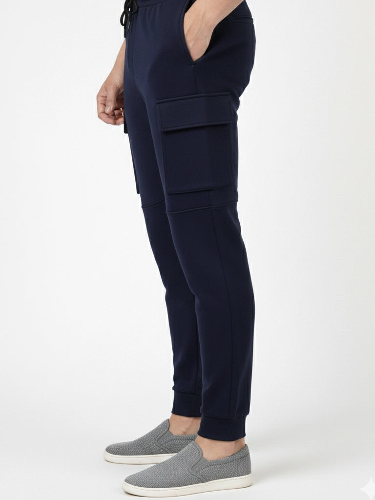 Men's  Navy Color Premium Combed Cotton Cargo Track Pants with Side Pockets - Navy