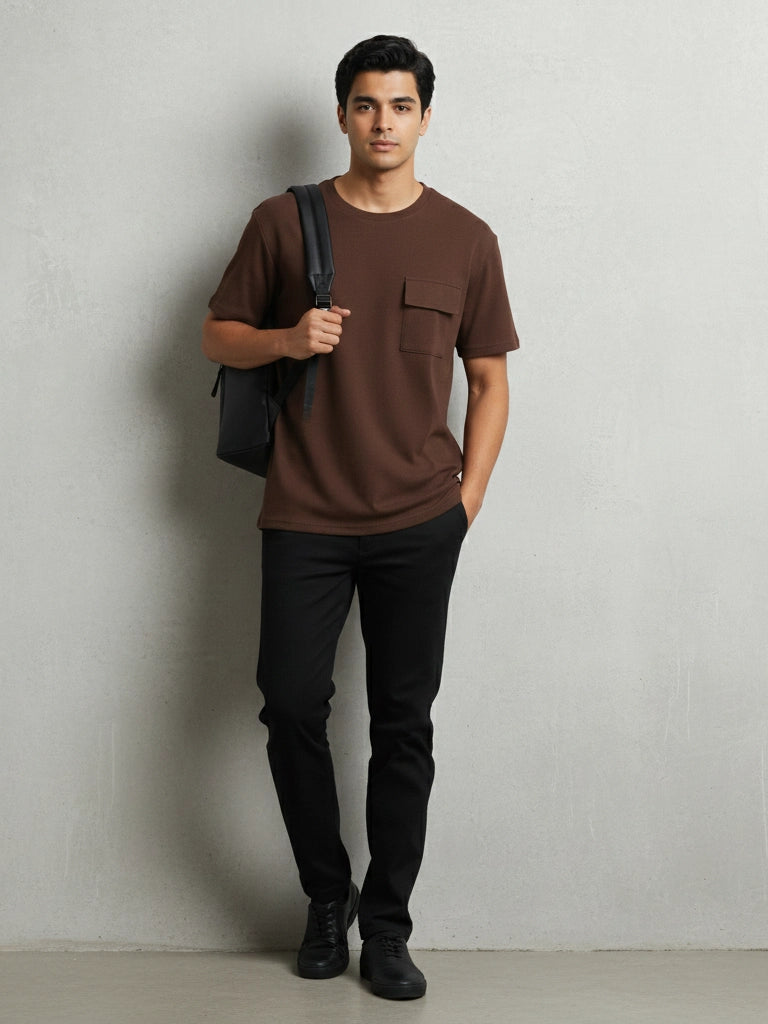 Men’s Cotton Plain Round Neck Pocket T Shirts - Dark Brown