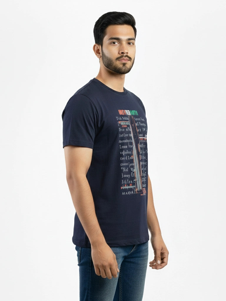 Men’s Round Neck Front & Back Printed Cotton T Shirts - Dark Blue