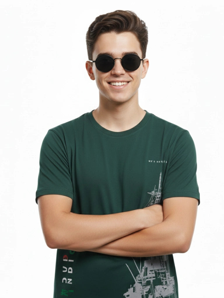Men’s Round Neck Front & Back Printed Cotton T Shirts - Green