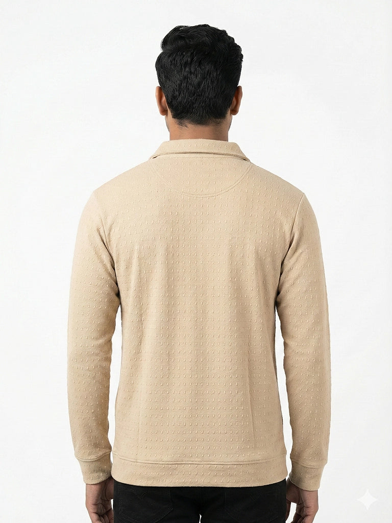 Men’s Textured Long Sleeve Zip Polo T-Shirt - Beige
