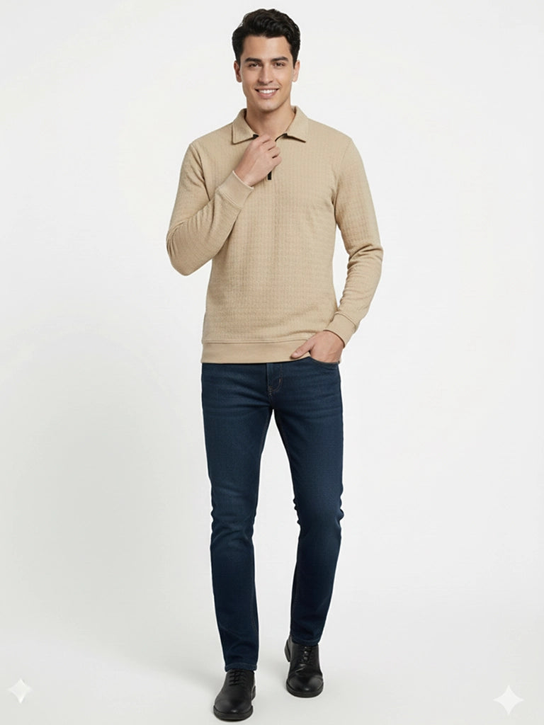 Men’s Textured Long Sleeve Zip Polo T-Shirt - Beige