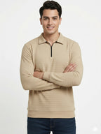 Men’s Textured Long Sleeve Zip Polo T-Shirt - Beige