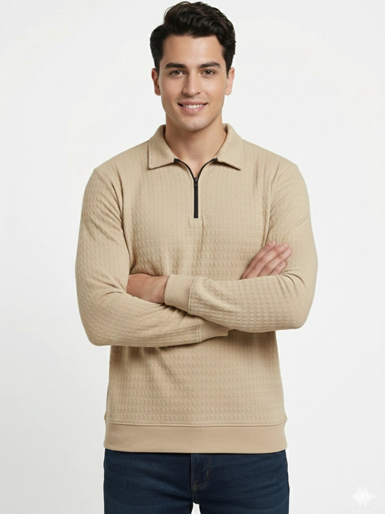 Men’s Textured Long Sleeve Zip Polo T-Shirt - Beige