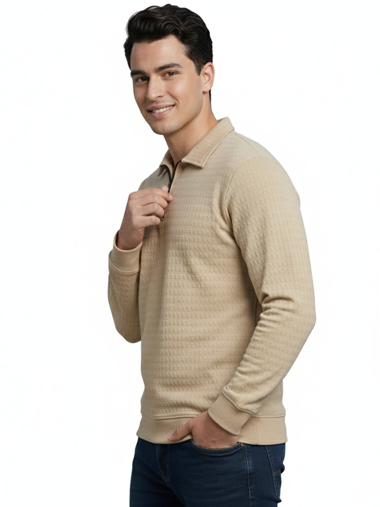Men’s Textured Long Sleeve Zip Polo T-Shirt - Beige