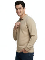 Men’s Textured Long Sleeve Zip Polo T-Shirt - Beige