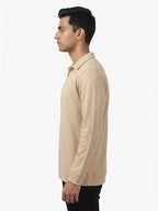 Men’s Textured Long Sleeve Zip Polo T-Shirt - Beige