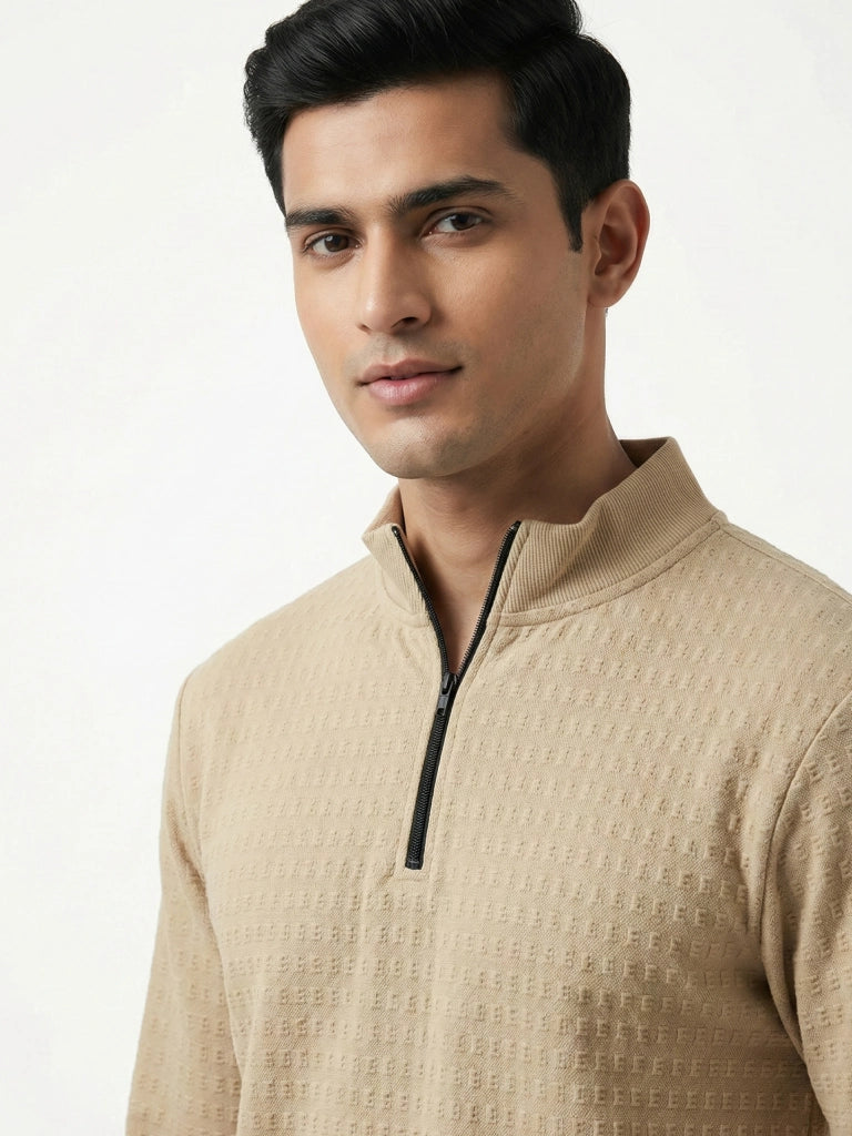Men’s Textured Long Sleeve Zip Polo T-Shirt - Beige