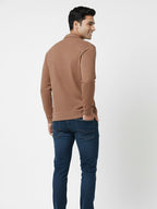 Men’s Textured Long Sleeve Zip Polo T-Shirt - Brown 