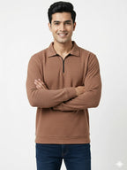 Men’s Textured Long Sleeve Zip Polo T-Shirt - Brown 