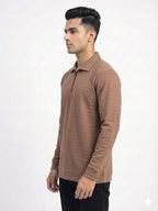 Men's Quarter Zip Polo T Shirts – Full Sleeve Regular Fit T-Shirt - Brown