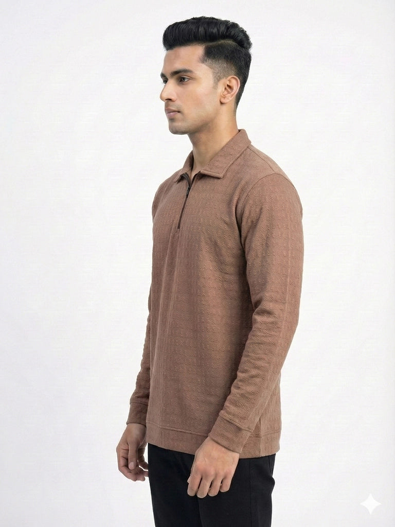 Men's Quarter Zip Polo T Shirts – Full Sleeve Regular Fit T-Shirt - Brown