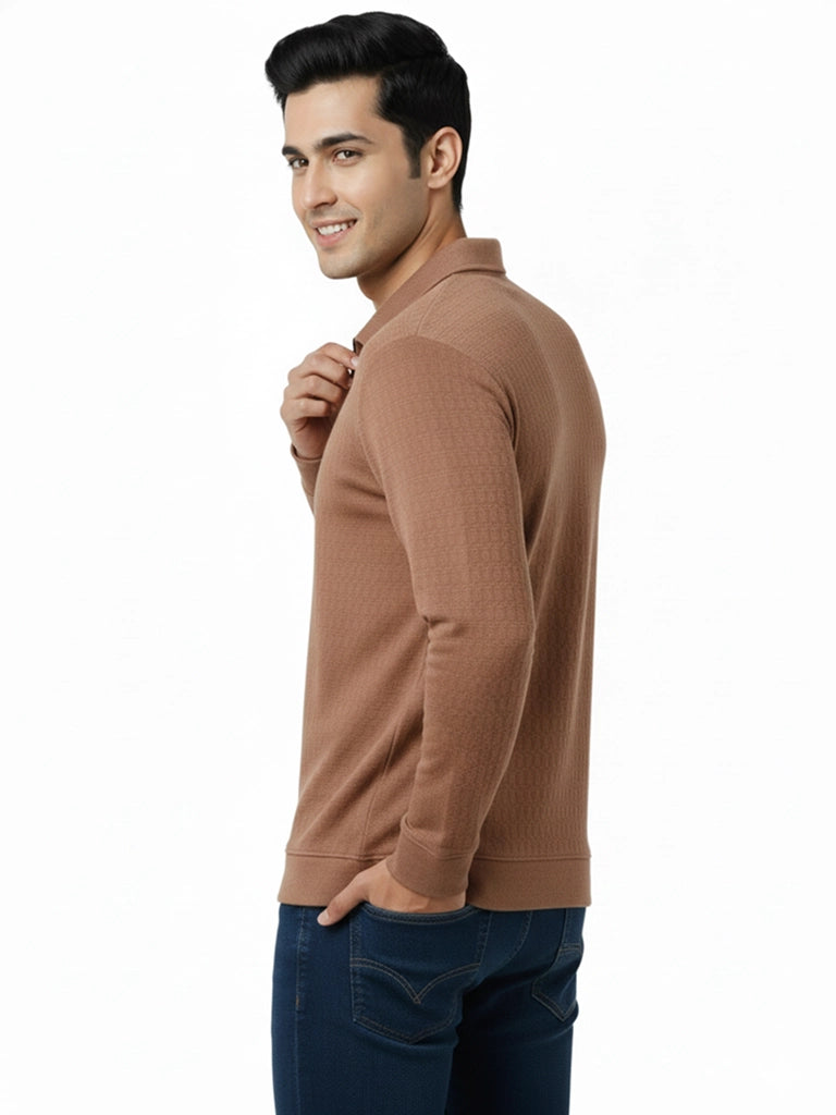 Men’s Textured Long Sleeve Zip Polo T-Shirt - Brown 