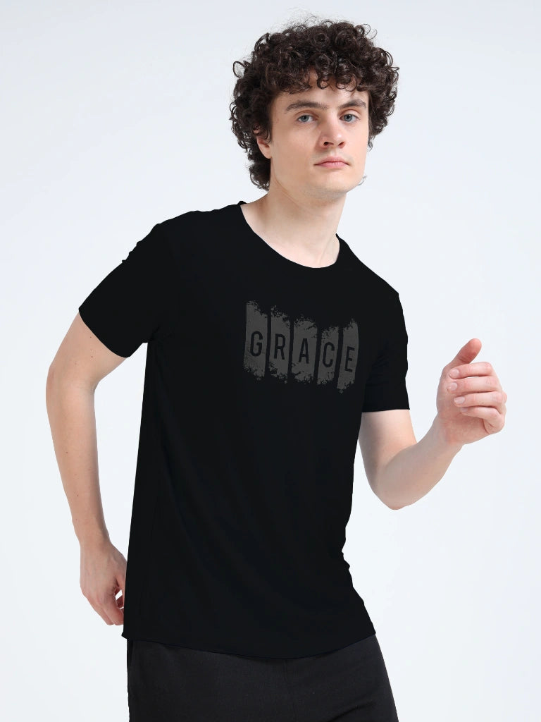 Men’s Athleisure Printed Round Neck T-Shirt - Black