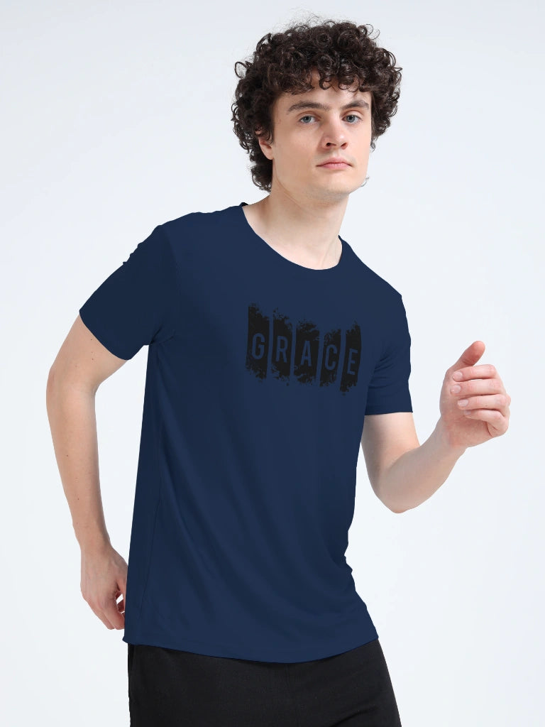 Men’s Athleisure Printed Round Neck T-Shirt - Dark Blue
