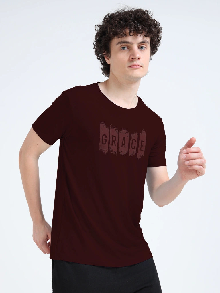 Men’s Athleisure Printed Round Neck T-Shirt - Maroon