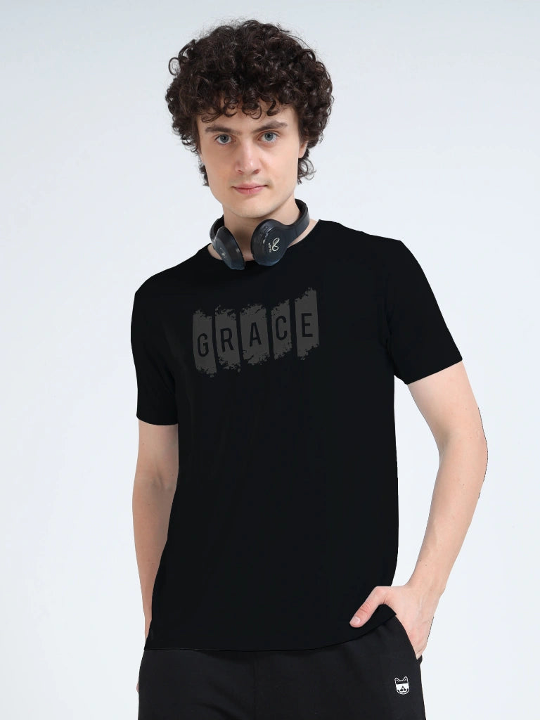 Men’s Athleisure Printed Round Neck T-Shirt - Black