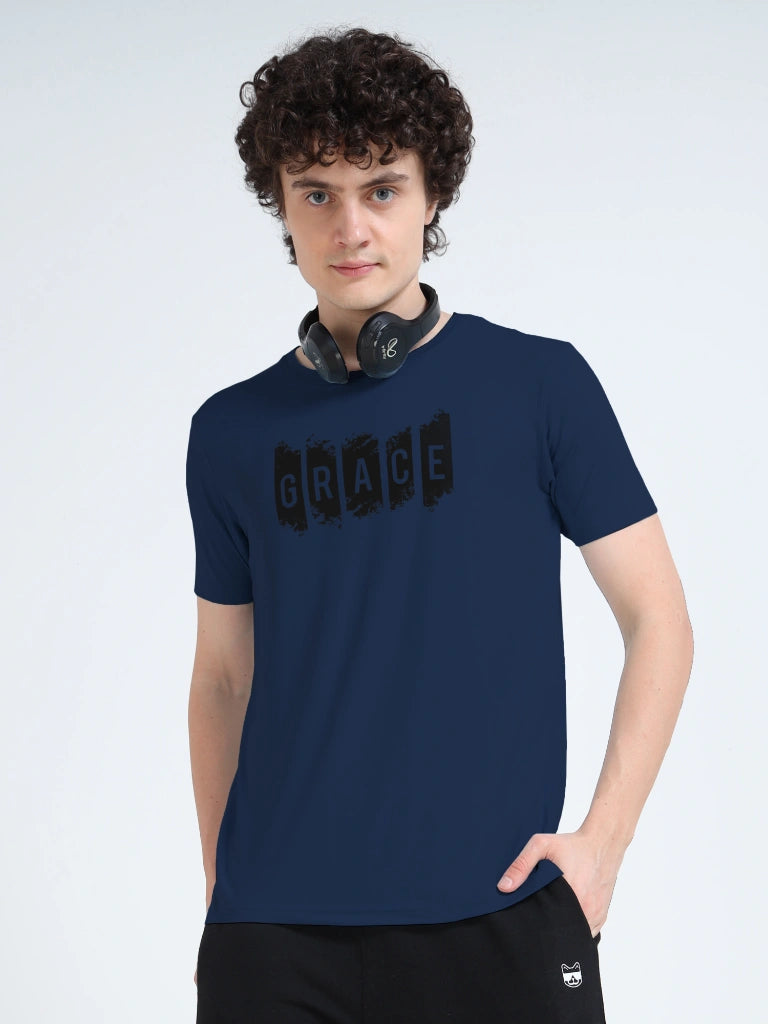 Men’s Athleisure Printed Round Neck T-Shirt - Dark Blue