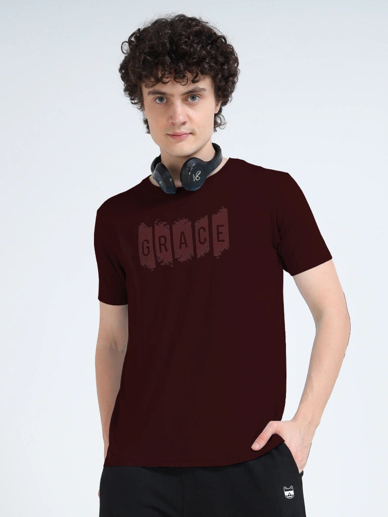 Men’s Athleisure Printed Round Neck T-Shirt - Maroon