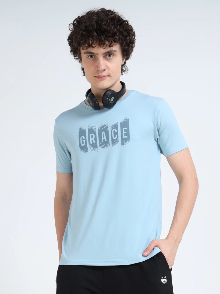Men’s Athleisure Printed Round Neck T-Shirt - Light Blue