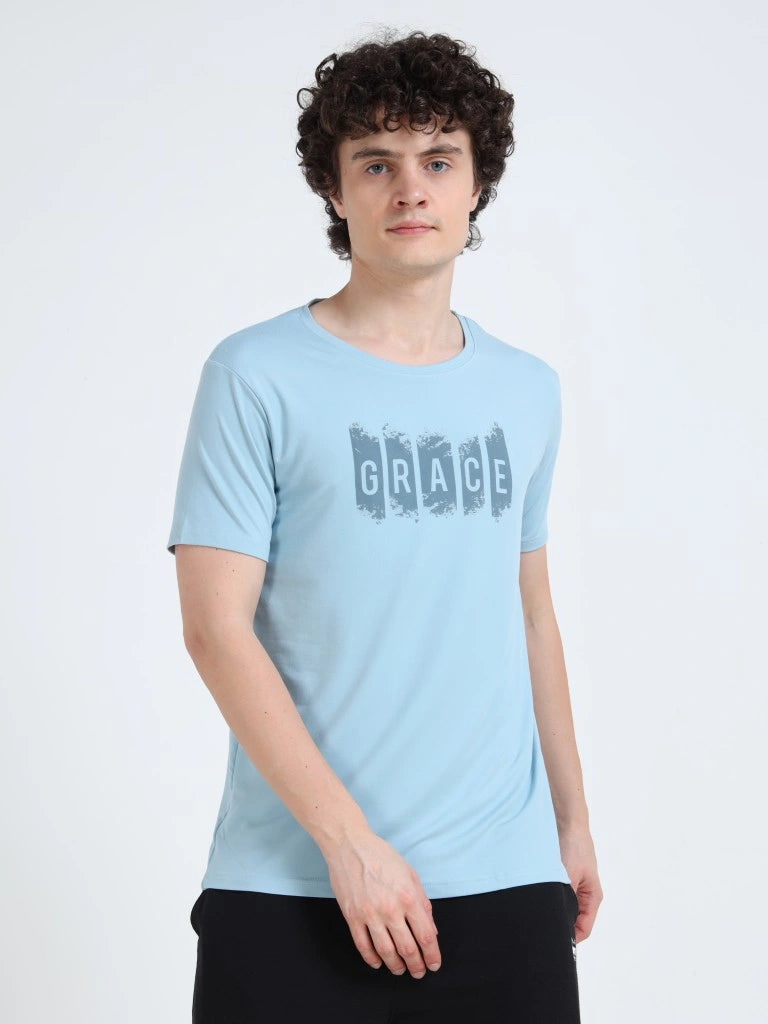 Men’s Athleisure Printed Round Neck T-Shirt - Light Blue