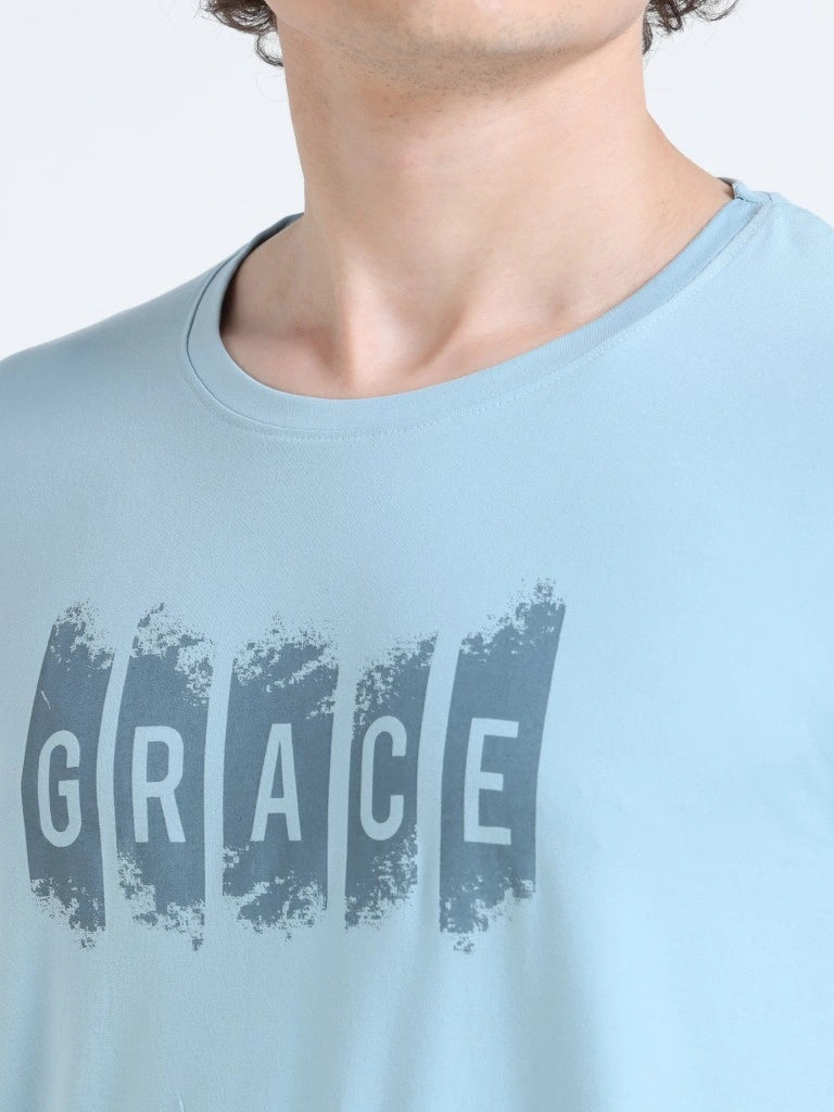 Men’s Athleisure Printed Round Neck T-Shirt - Light Blue