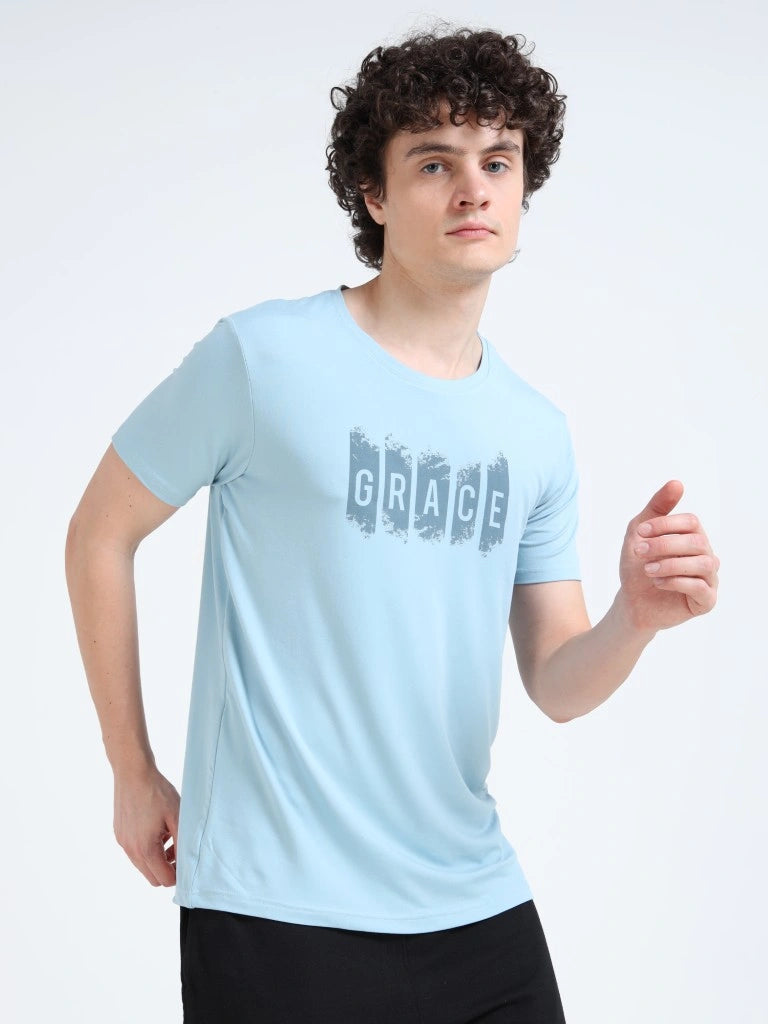 Men’s Athleisure Printed Round Neck T-Shirt - Light Blue