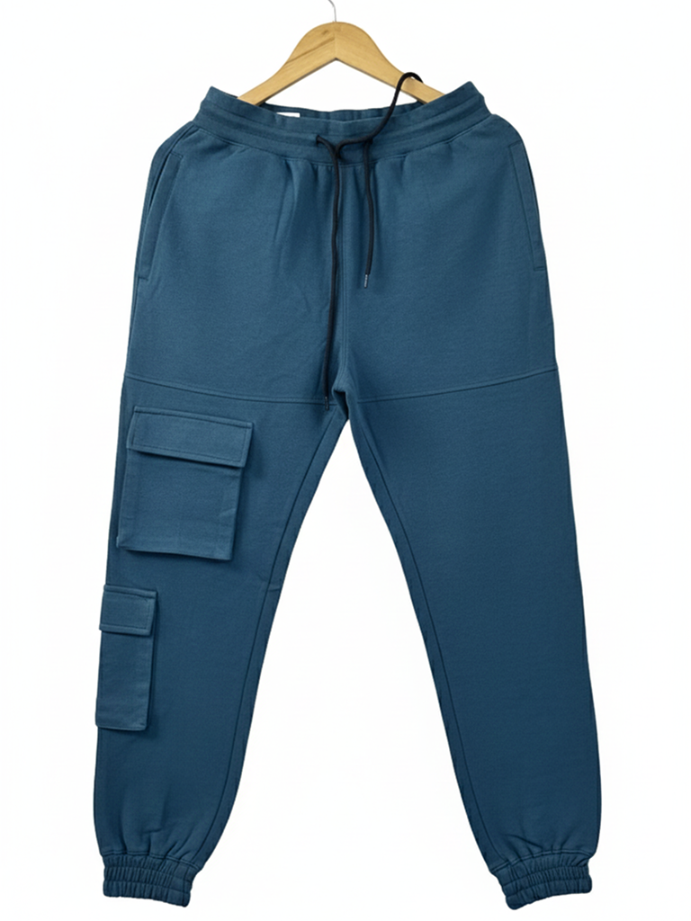 Men’s Premium Cotton Cargo Joggers Slim Fit Teal Comfortable Casual Sweatpants - Teal Blue