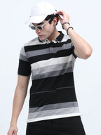Men’s Cotton Jacquard Striped Polo T-shirt - Black