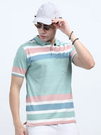 Men’s Cotton Jacquard Striped Polo T-shirt - Green and Pink