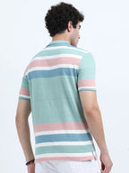 Men’s Cotton Jacquard Striped Polo T-shirt - Green and Pink