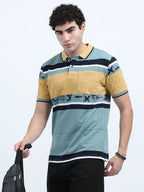 Men’s Cotton Jacquard Striped Polo T-shirt - Green and Sandal