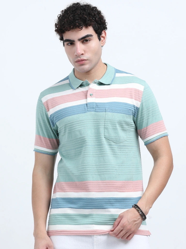 Men’s Cotton Jacquard Striped Polo T-shirt - Green and Pink