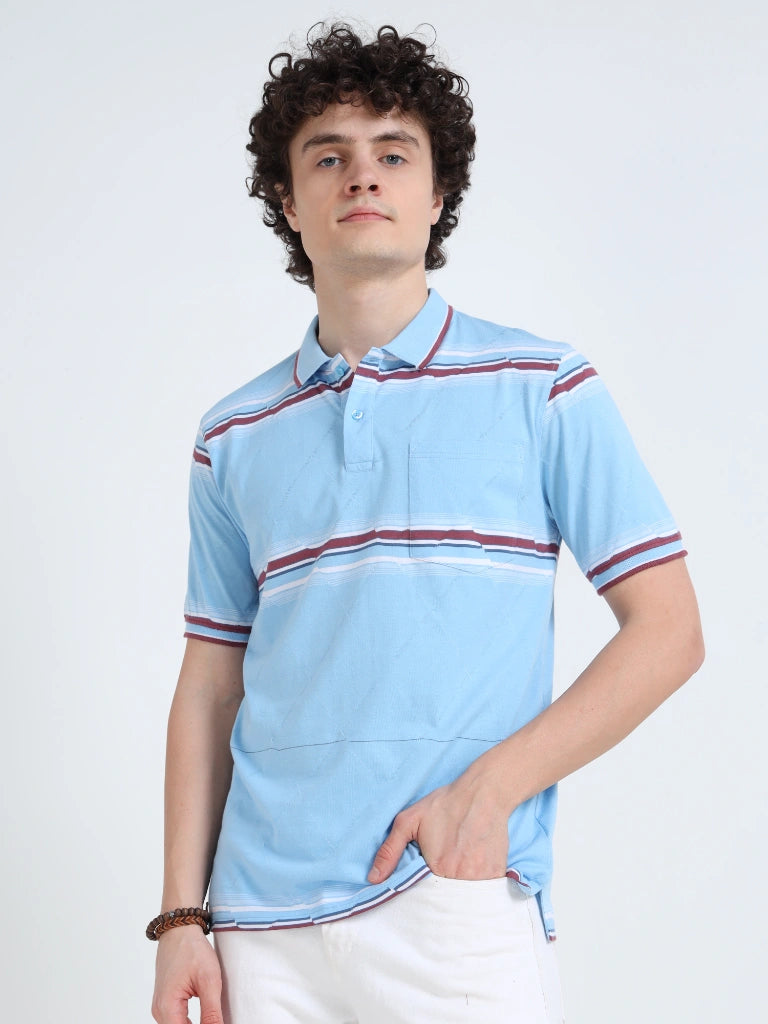 Men’s Cotton Jacquard Striped Polo T-shirt - Skyblue