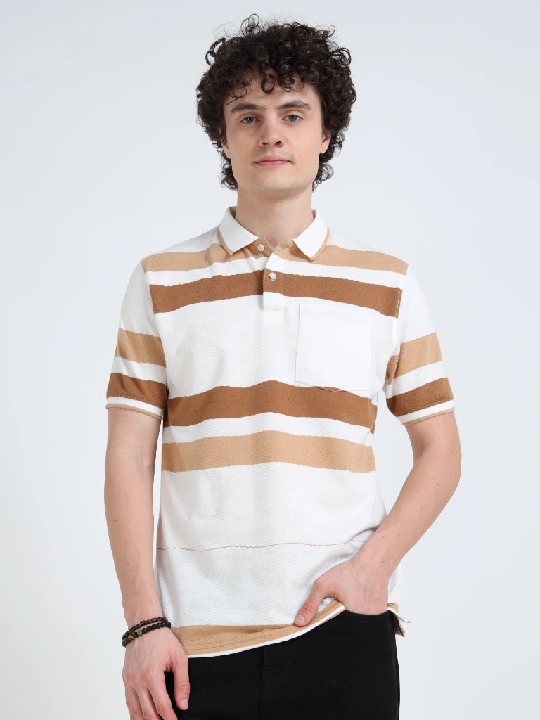 Men’s Cotton Jacquard Striped Polo T-shirt - White