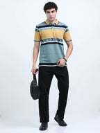 Men’s Cotton Jacquard Striped Polo T-shirt - Green and Sandal