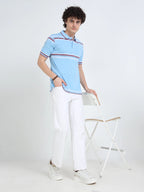 Men’s Cotton Jacquard Striped Polo T-shirt - Skyblue