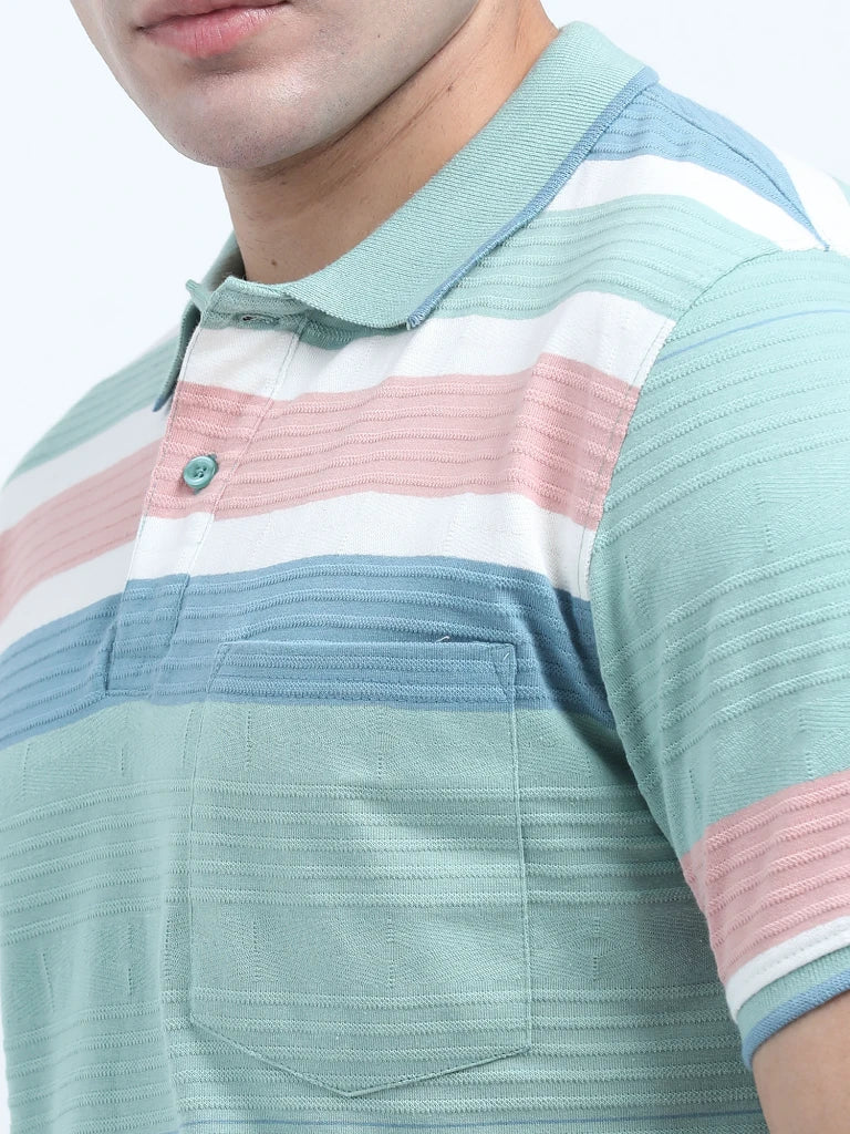 Men’s Cotton Jacquard Striped Polo T-shirt - Green and Pink