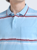 Men’s Cotton Jacquard Striped Polo T-shirt - Skyblue