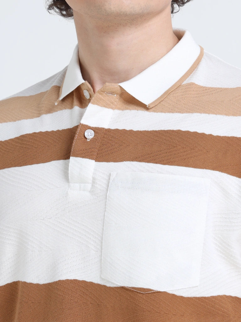 Men’s Cotton Jacquard Striped Polo T-shirt - White