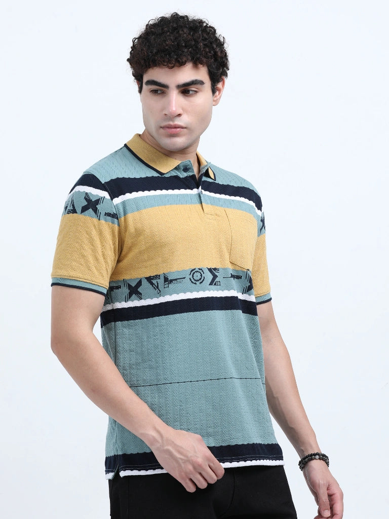 Men’s Cotton Jacquard Striped Polo T-shirt - Green and Sandal