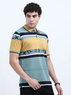 Men’s Cotton Jacquard Striped Polo T-shirt - Green and Sandal